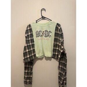Reworked Upcycle Grunge Oversize Cropped AC/DC Flannel Sweater M/L